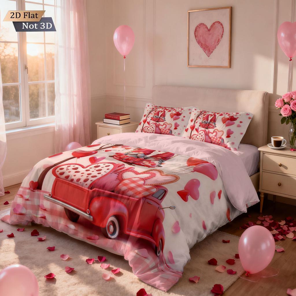 3pcs Valentine's Day romantic pink love goblin car print coreless down duvet cover set multi size bedroom bedding decoration