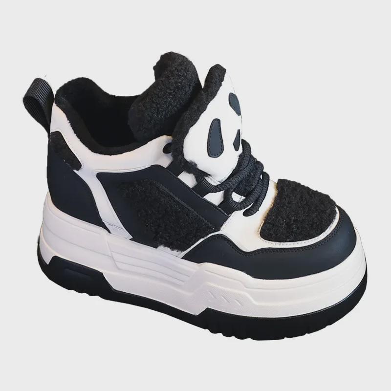 Women's 2023 Winter Thick-Soled High-Top Panda Shoes with Plush Lining and Hidden Lift