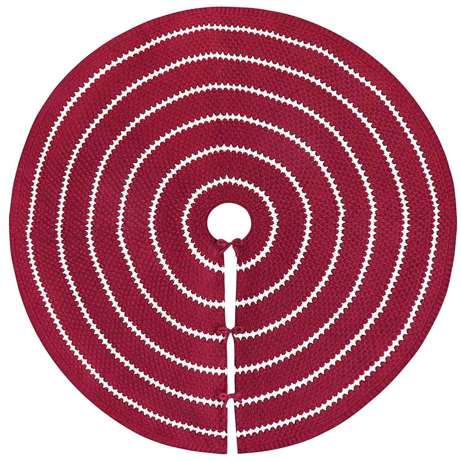 Knitted Red and White Christmas Tree Skirt with Circle Design