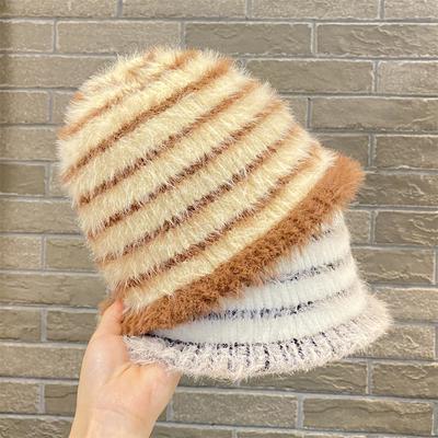 Autumn and Winter Plush Striped Bucket Hat Women's Face Small Knitted Wool Hat Ear Protection Warm Versatile Basin Hat Bucket Hat