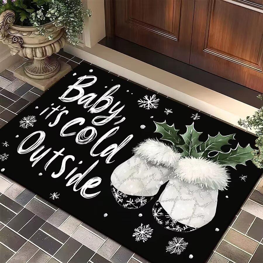 Christmas Themed Door Mat With Patterns Like Mittens Hats Snowflakes Holly Non Slip Welcome Entrance Rug For Families Decor