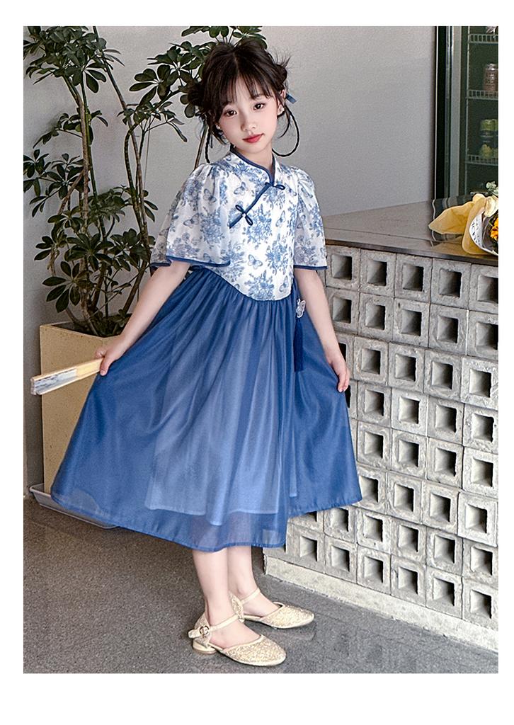 Girls' cheongsam dress 2026 new summer children's Chinese style blue and white porcelain Hanfu ancient style summer princess dress