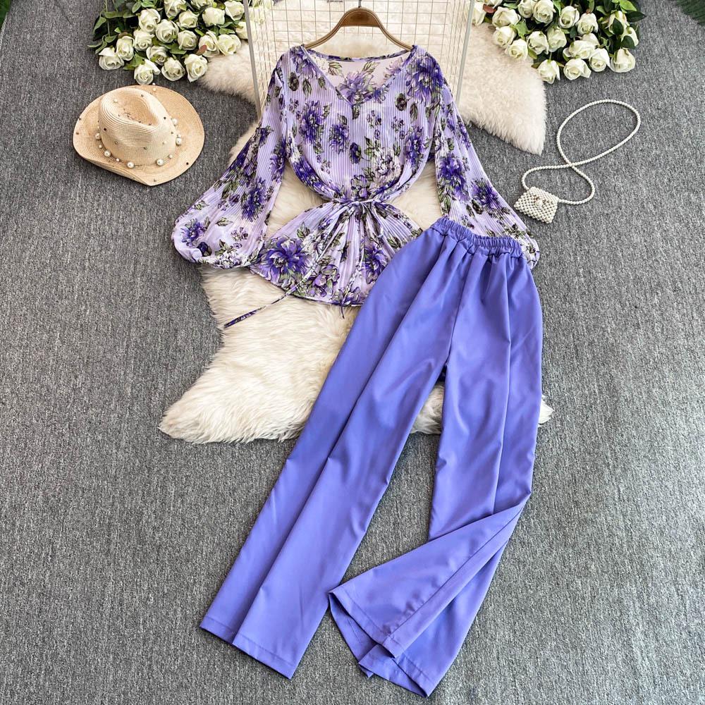 Mature Style Two-Piece Women's Suit: Loose Floral Pleated Shirt & High Waist Wide Leg Trousers