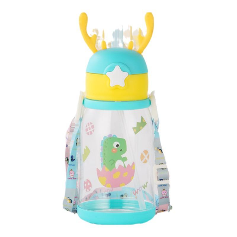 Kids' Cartoon Antler Straw Water Bottle with Strap - Large Capacity, Durable Plastic