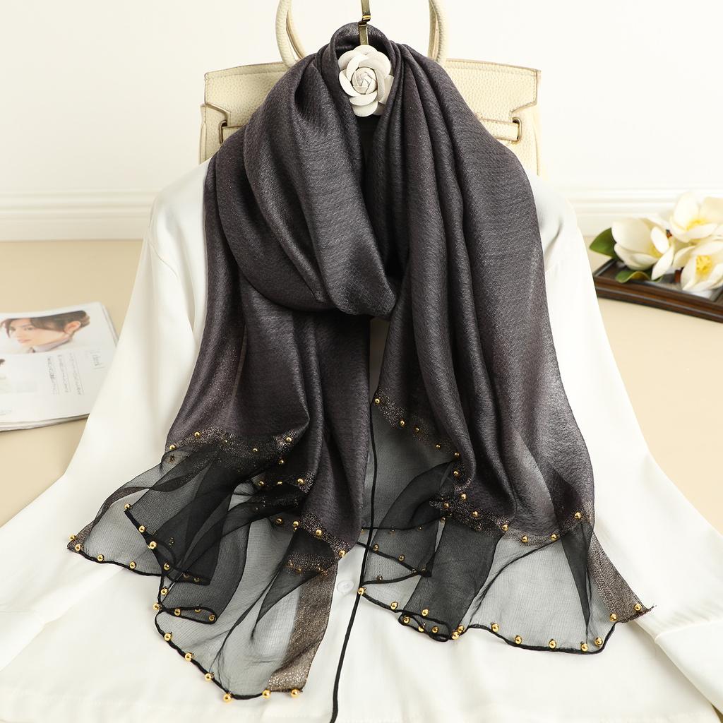 Solid Beading women scarf summer silk scarves lady shawl wrap hijab foulard female bandana pashmina Pearl jewel headband