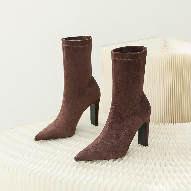 Botines de Invierno Aneikeh Punta Fina Tacón Grueso Tipo Calcetín Flock Botas para Mujer Zapatos Femeninos Sexy Tallas Grandes 34-42
