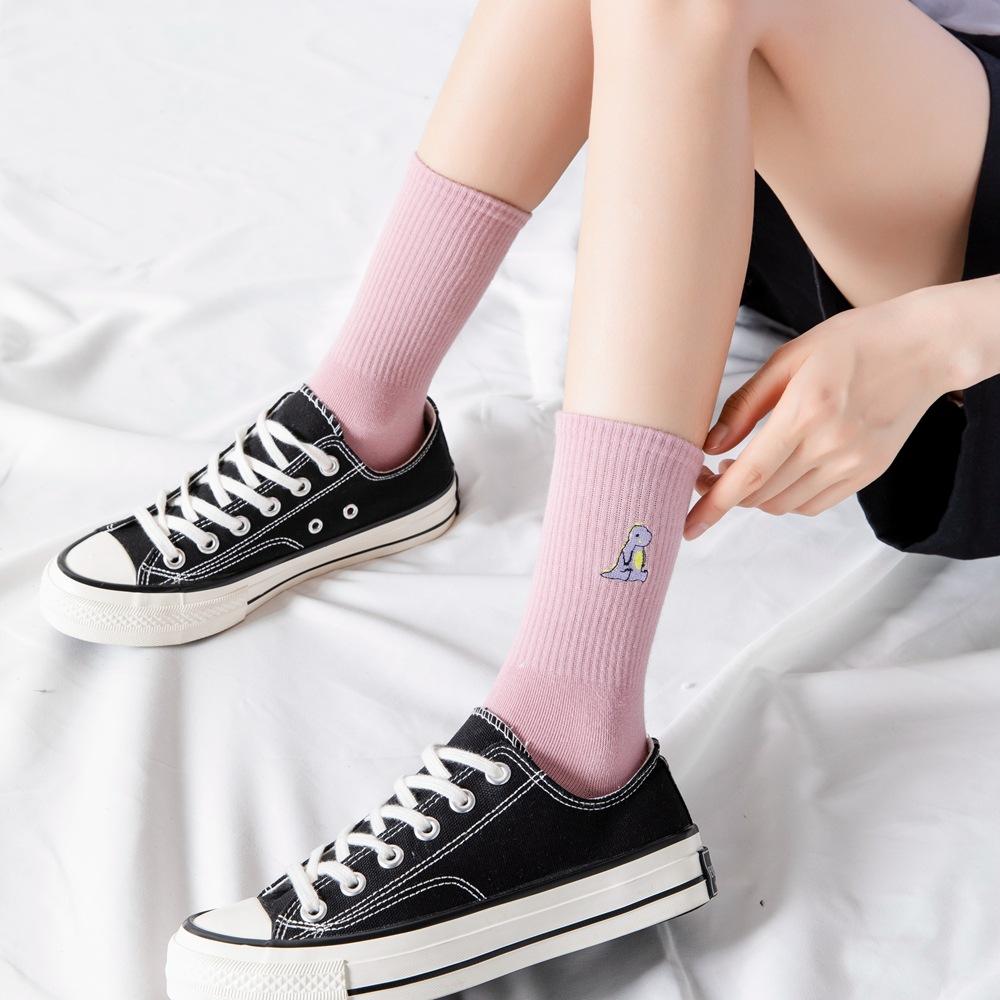 Embroidery Dinosaur Socks Fashion Woman Socks Korea Harajuku Style Kawaii Funny Cartoon Spring Autumn Female Socks Lovely Girl