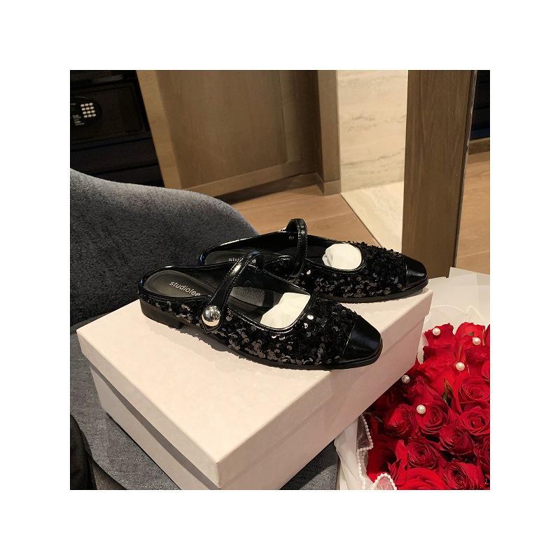 Sheepskin Grape Mother Sparkling Sequined Thick Heel Bag Head Slippers Women's Summer One Word Muller Half Drag Summer Wear Cool Slippers