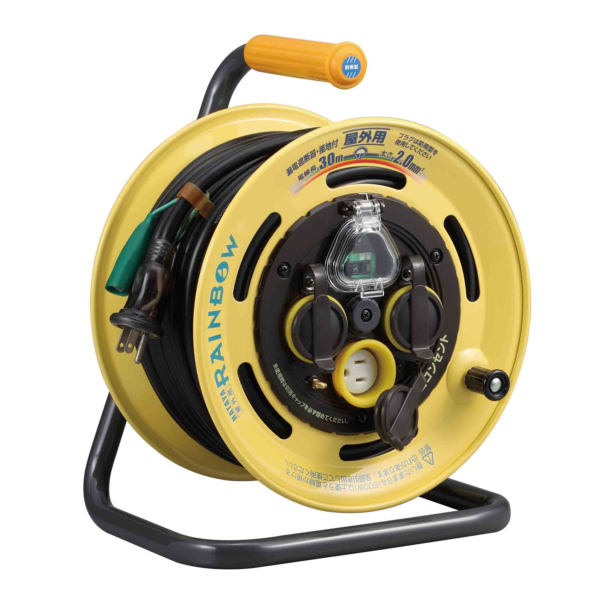 

HATAYA BE-30K Rainbow Cord Reel for Outdoor Use (Rainproof), 100V Type, 30m Cord, 2.0mm Diameter, Grounded, Fucutebi Plug, 2P2P Grounded Dual-Purpose