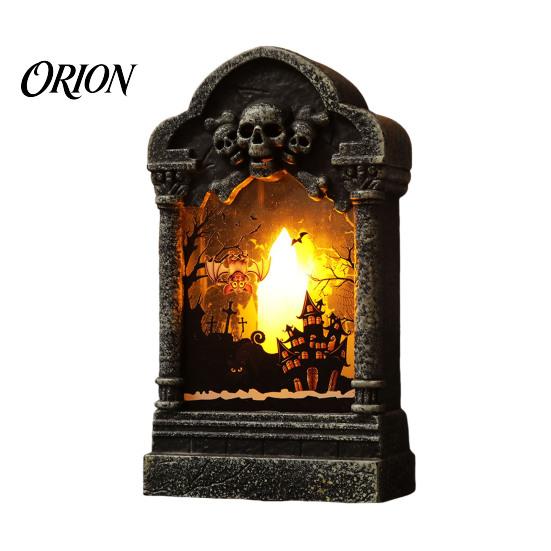Gothic Home Ornament Tombstone Candle Lantern, LED Lighted Spooky Graveyard Table Lamp, Halloween Bar Cafe Desktop Small Night Light for Haunted House