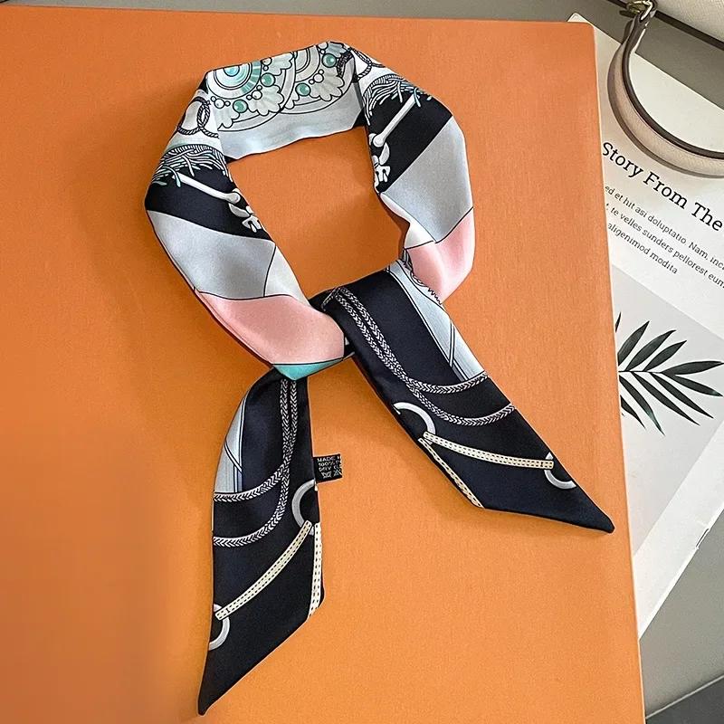 Silk Scarf Women Luxury Chain Print Bag Skinny Scarves Wraps Wrist Towel Foulards Neckerchief Headband Muslim Hijabs