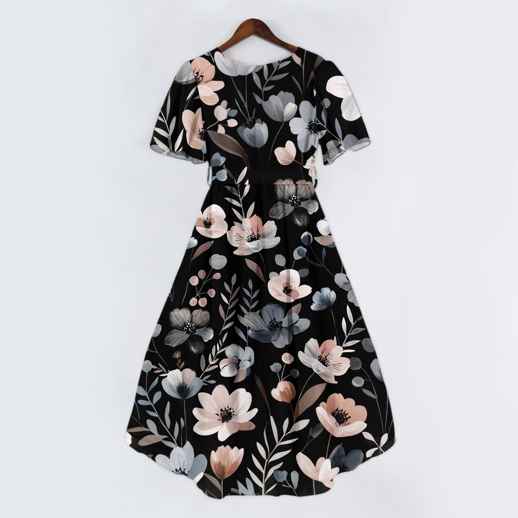 Dámské módní ležérní šaty s výstřihem do V, krátkým rukávem, volánky a vintage potiskem