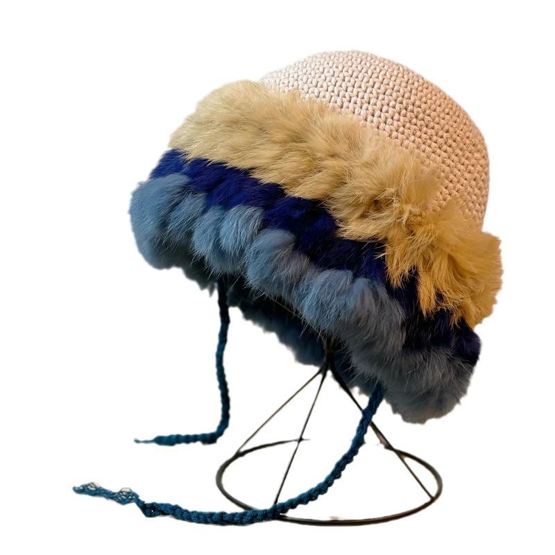 Autumn and Winter Women's Rabbit Fur Knitted Hat Warm Wool Hat Korean Style Sweet and Cute Plush Ear Protecting Bag Hat