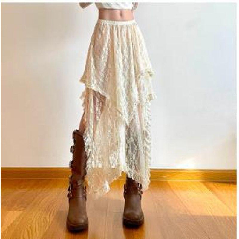 

Lace Irregular High Waisted Skirt Pure Color Lace Irregular High Waist Skirt Apricot [In Stock 174g]] One size