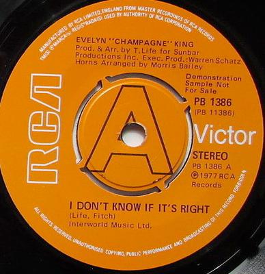 7inch Record EVELYN KING - I Don't Know If It's Right PB1386PROMO RCA Victor 1977 UK Soul/Funk Used
