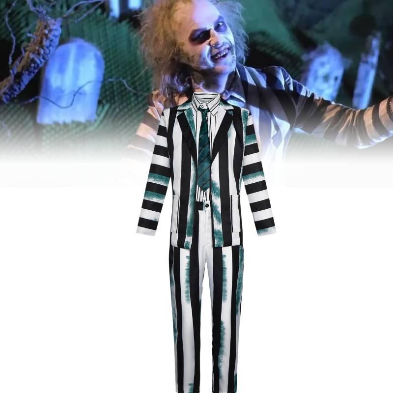 Snygg Beetlejuice Cosplay-dräkt med gröna, svarta och vita ränder Mjukt tyg