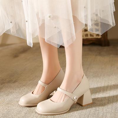 Leather Mary Jane Shoes Children Spring and Summer New French Thick Heel High Heels Fairy Style with Skirt Single Shoes