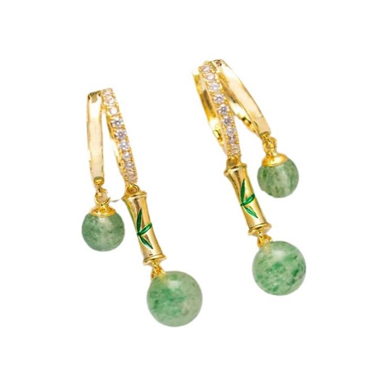 Zircon Golden Bamboo Jade Bead Pendant Earrings For Women Fashionable Personalized Daily Accessory Party Jewelry Birthday Gifts