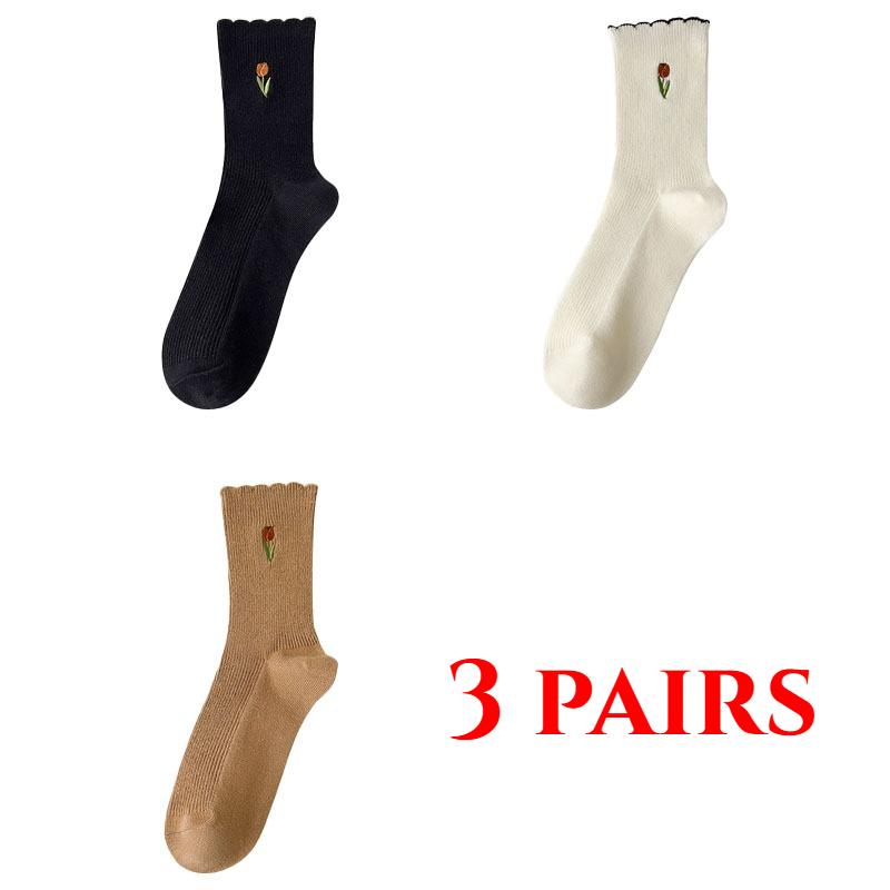 3 Pairs of Women's Socks Set Spring and Summer Thin Breathable Ruffle Edge Socks All Cotton Cute Women's White Printed Socks