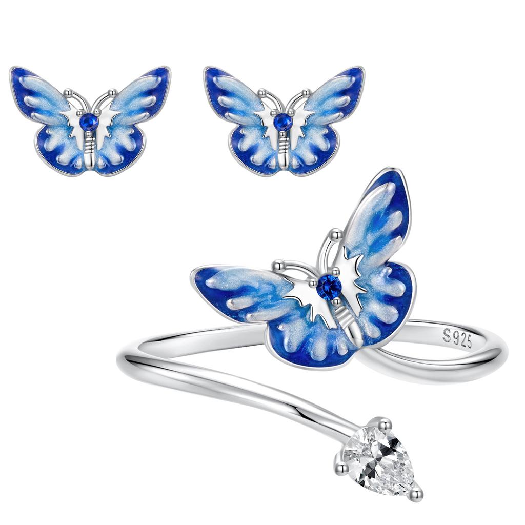 S925 Sterling Silver Spring Butterfly Open Ring Earrings Jewelry Set Women'S Niche Design Light Luxury