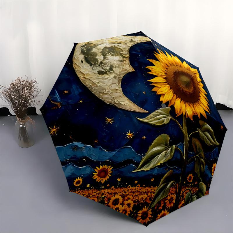 1pc Moon Sunflower Automatic Open/close Umbrella, 8-Rib Sturdy Structure, Auto Folding/Opening, Portable Travel Umbrella for Women,220