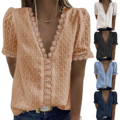 T-shirt Casual Manches Courtes en Dentelle Mode Femme Col en V Couleur Haut