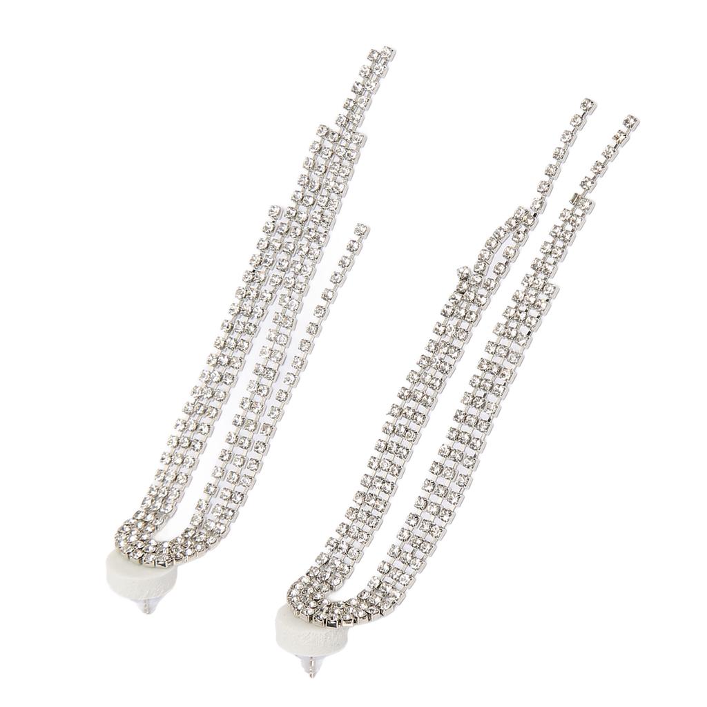 2pcs Arc Linear Rhinestones Dangle Earrings Women Alloy Exquisite Fashionable Long Tassel Earrings Jewelry Silver