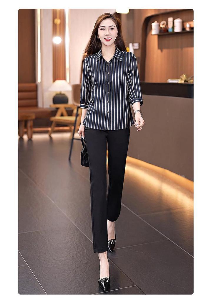 Women's Slimming Striped Cotton Shirt - Petite 7-Sleeve Professional Style for Spring, Summer, or Autumn 2025
