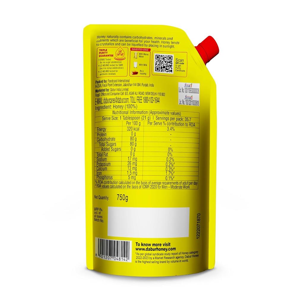 Dabur Honey 750g Refill Pouch | 100% Pure Natural Honey For Daily Wellness, Fitness, Immunity & Weight Management | No Added Sugar, Rich Antioxidants