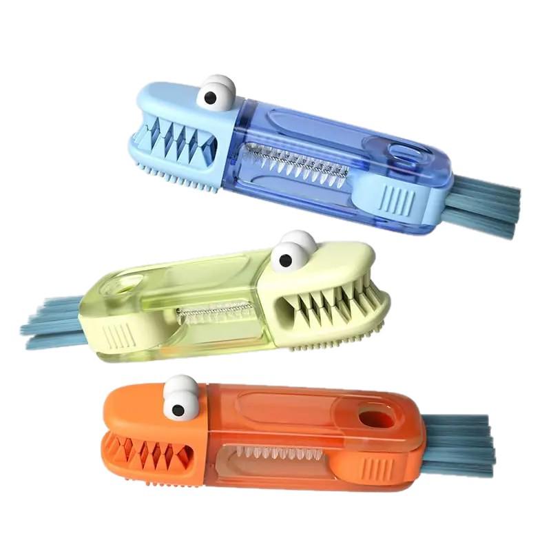 Compact Multi-Functional Cleaning Brush Set: Crocodile Cup Lid, Groove, Baby Bottle, Nipple, and U-Shaped Mouth Brushes with Rotatable Feature.
