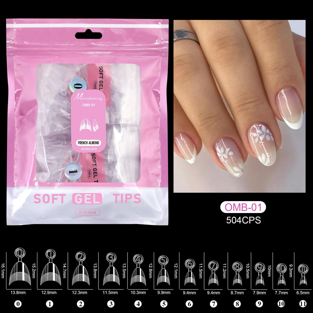 504 Stück Vollabdeckung Weiche Gel-Nageltips Stiletto Mandel Sarg Halbmatt Französisch Falsch Soak Off Aufdrücken Nagelverlängerungsspitzen Kapsel