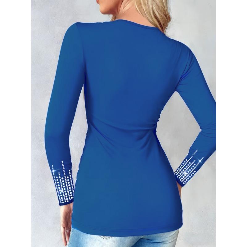 Women S Long Sleeve V Neck Solid Rhinestone T Shirt Plus Size