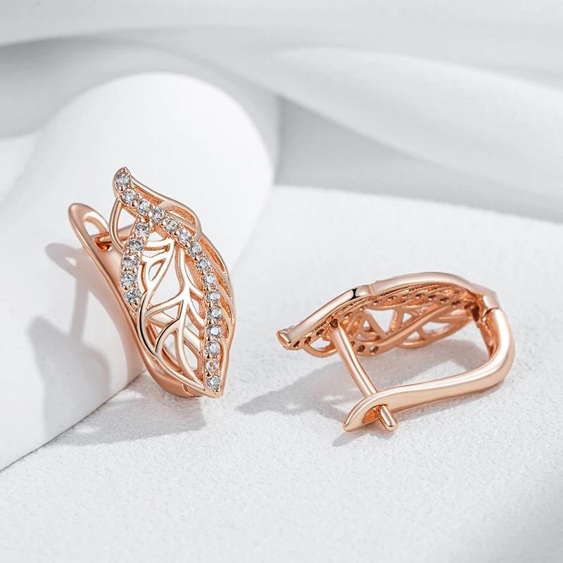 Vintage Zircon Hollow Leaf Earrings for Women Gold Color Wedding Party Jewelry