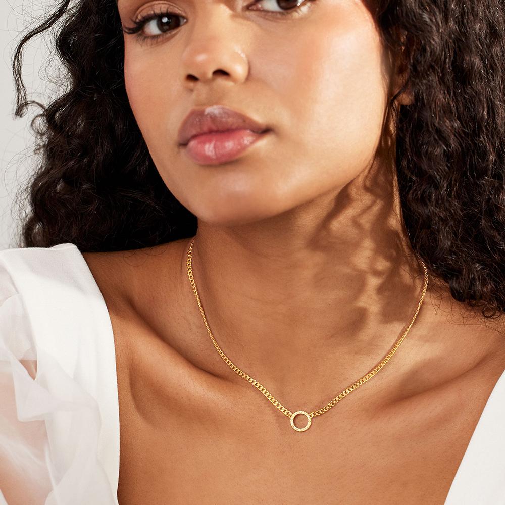 Cuban Chain Circle Zircon Pendant Necklace Gold Tone Round Hollow Design Minimalist Fashion Jewelry for Women 18inches&Trendy