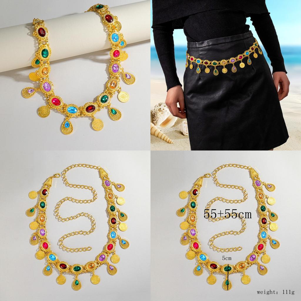 Arabic Jewelry Gold Alloy Acrylic Gem Waist Belt With Hollow Pattern For Ladies Summer Wear