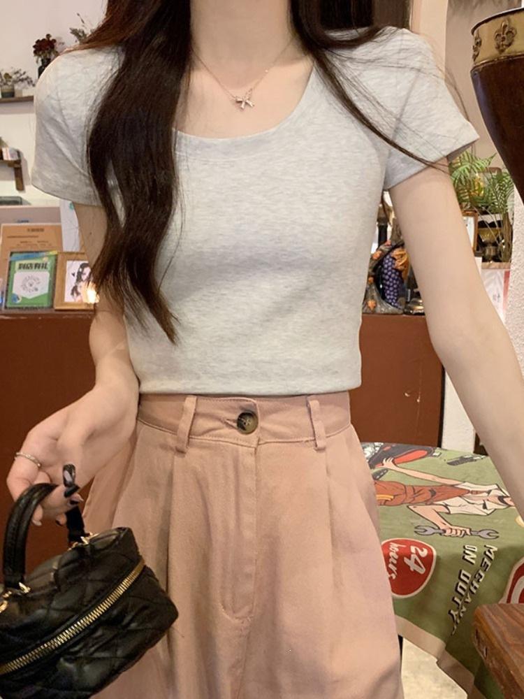U-neck live broadcast quality summer burgundy slim and thin front shoulder short-sleeved T-shirt women