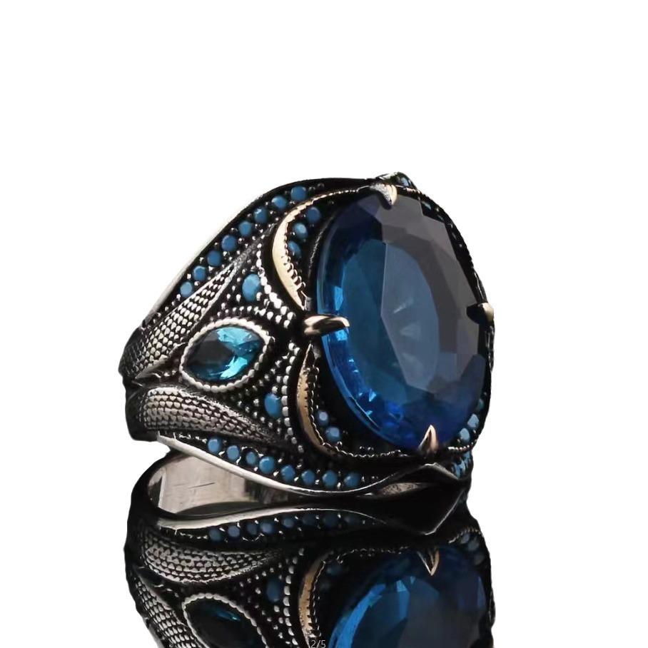 Sanjie Men's Sapphire Retro Punk Ring - European American Diamond Style
