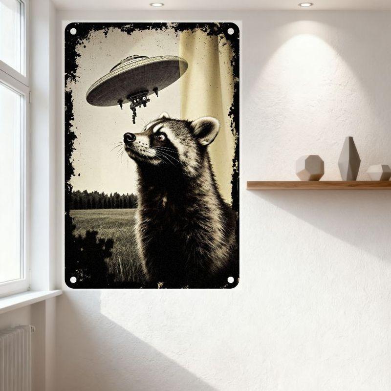 Vintage Raccoon UFO Metal Tin Sign, Retro Distressed Alien Poster Wall Decor for Home Man Cave Bar Garden Decor