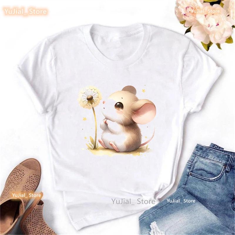 Mouse Wish Dandelion Print T Shirt Girls Kawaii Clothes Summer Fashion Tops Tee Shirt Unisex Harajuku Shirt