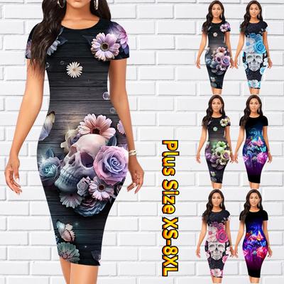 Vestido Delgado de Manga Corta hasta la Rodilla Moda Mujer Midi Vestido con Estampado de Rosa Esqueleto 3D