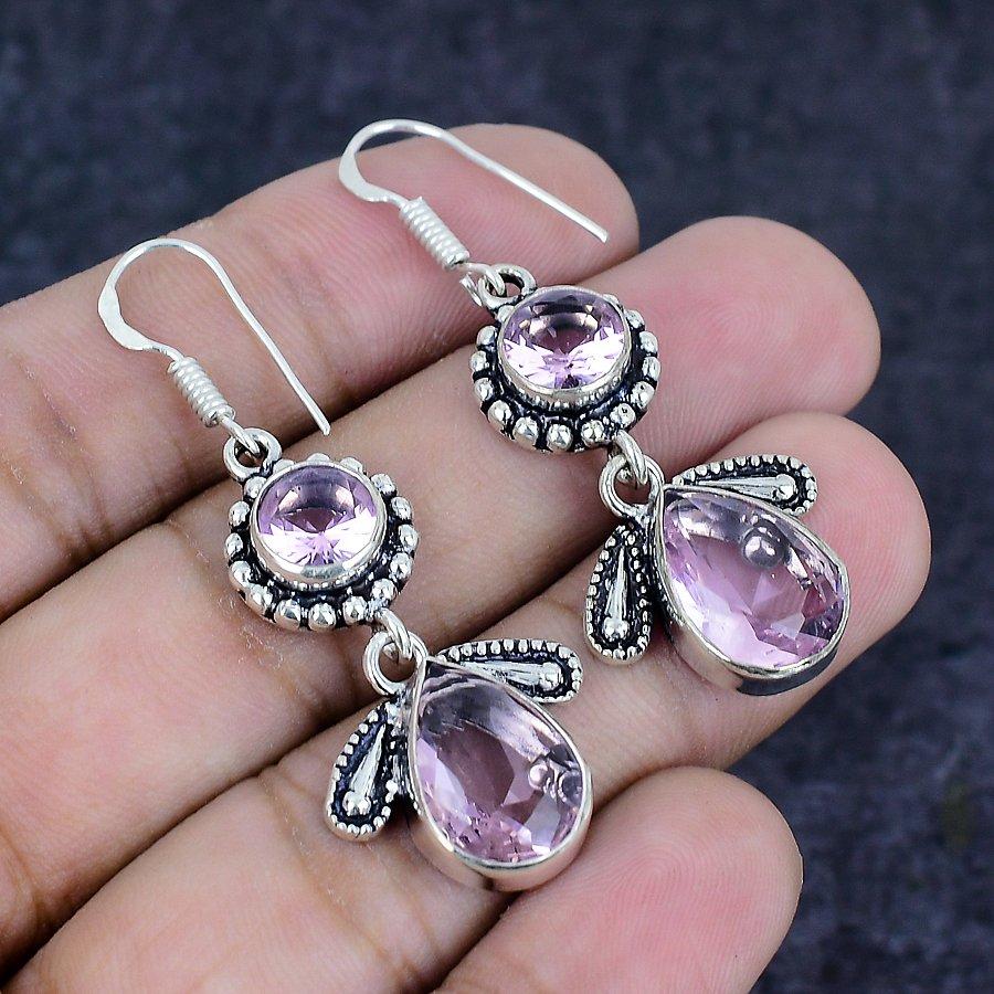 Natural Pink Kunzite Gemstone Handmade 925 Sterling Silver Earring 1.97" I0u50