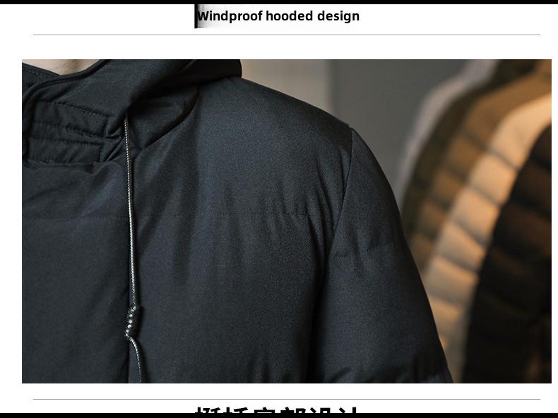 Men's Solid Color Hooded Cotton Jacket – Mid-Length, All-Match Winter Coat