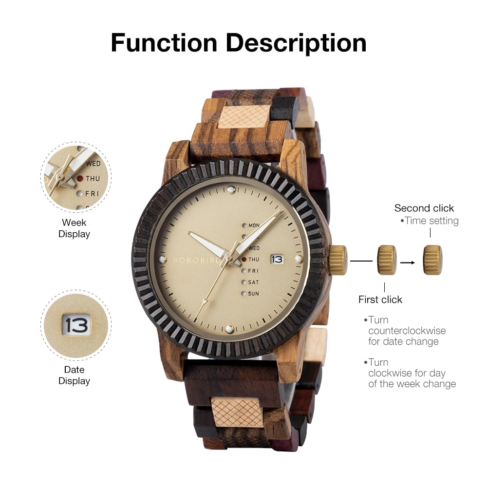BOBO BIRD Wooden Watch Analog Quartz Day Calendar Display Lightweight Handmade Wooden Wristwatch Men's Men's (Beige)