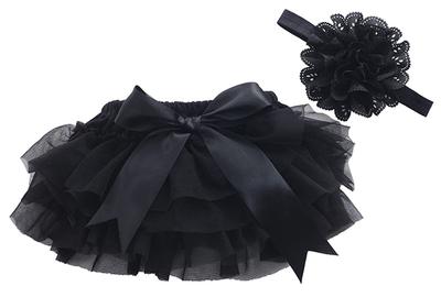 LovKin Baby Girl Bloomer Pants with Frilly Diaper Cover and Headband, Baby Shorts with Ribbon Tutu and Mini Skirt, Baby Gift, Black, Size L