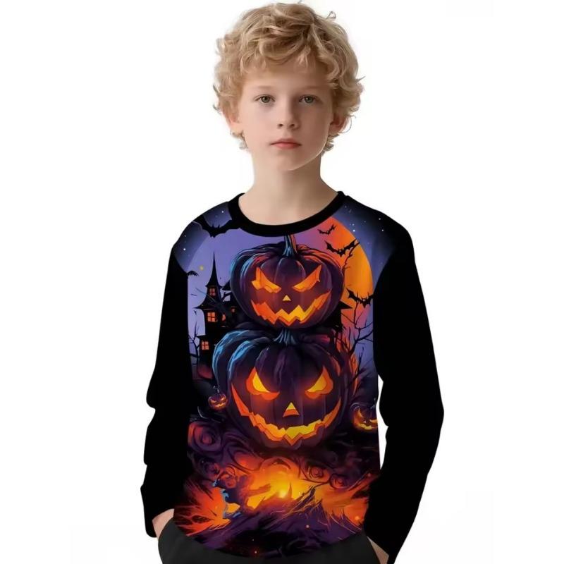 Halloween Boys T-Shirt Pumpkin Print Autumn Long Sleeve T-Shirt Casual Children's Tops Outdoor Comfortable Children's Clothing