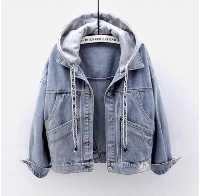 Damen Kapuzen-Jeansjacke mit langen Ärmeln Locker geschnitten Cropped Truckerjacke Koreanischer Pendlerstil Einreihiger Jean-Mantel