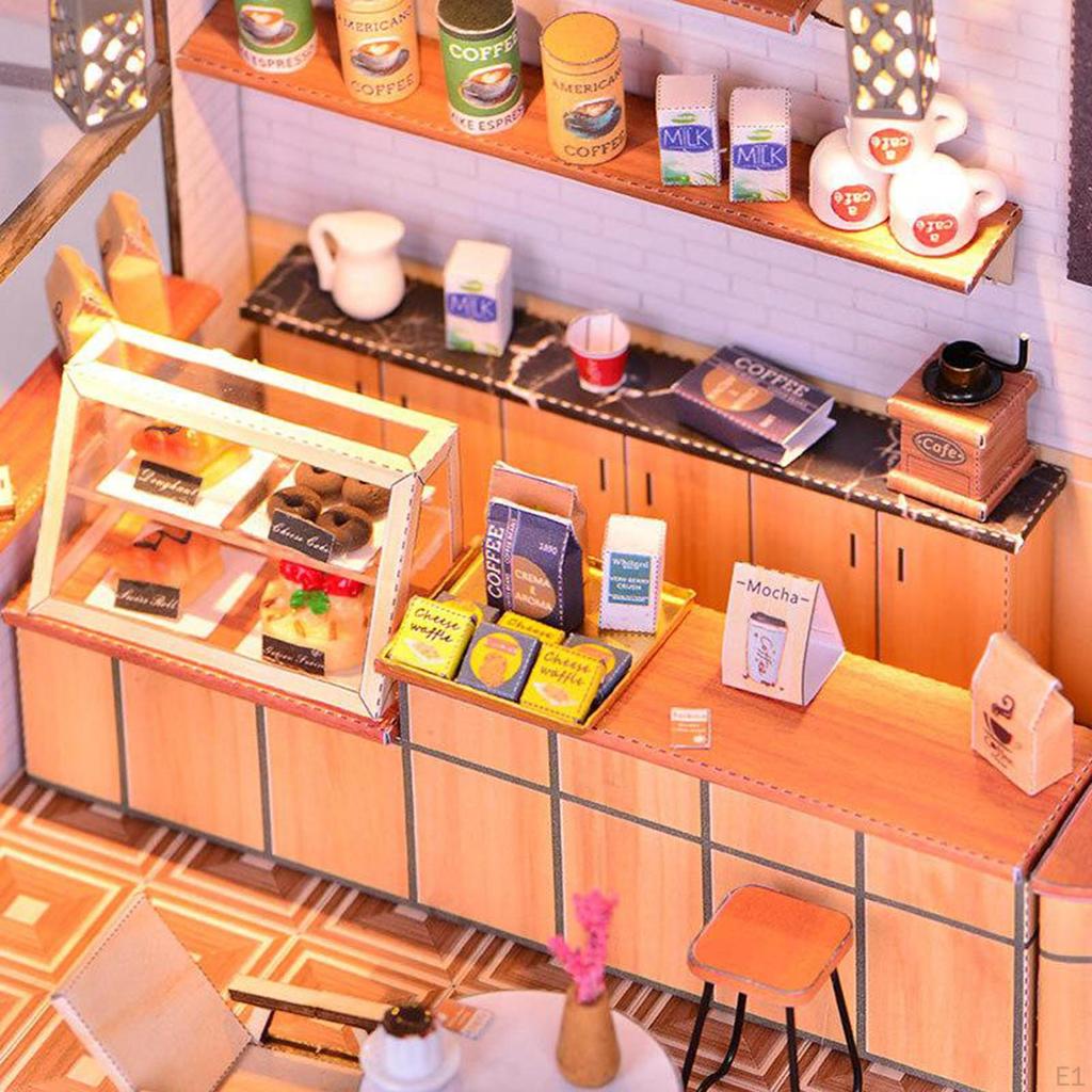 Dollhouse Miniature with Furniture Ornaments, DIY Wooden Cafe Doll , 1:24 Scale Coffee Shop Mini