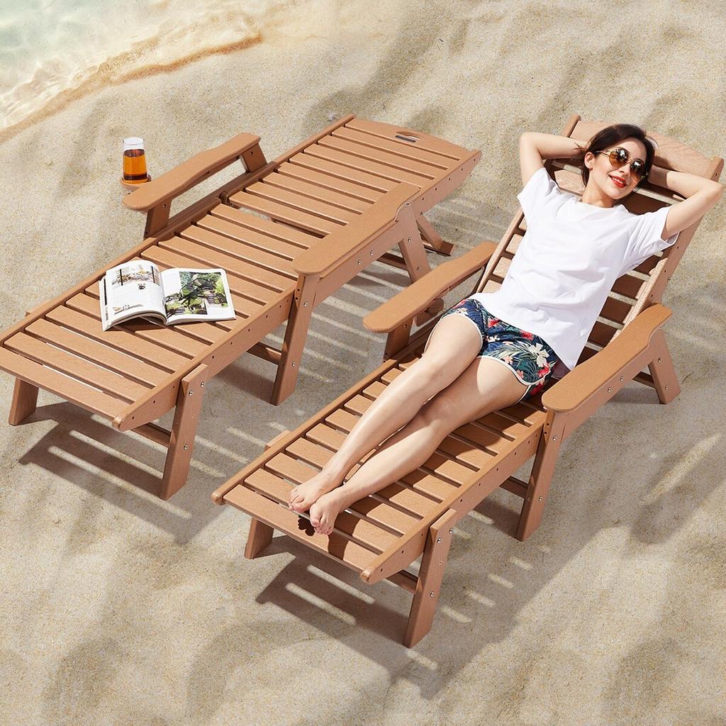 Outdoor Chaise Lounge Chair 6-Position Reclining Patio Bench Lounger Brown