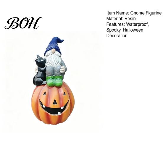 Holiday Gift for Her Halloween Gnome Outdoor Garden Statue, Resin On Pumpkin Figurine with Cute Black Cat Cat, Fall Autumn Dwarf Sculpture Porch Yard
