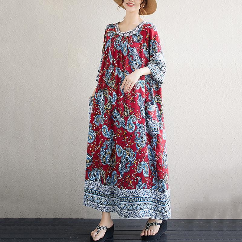 Xitao Pleated Print O-neck Dress ZMY1099